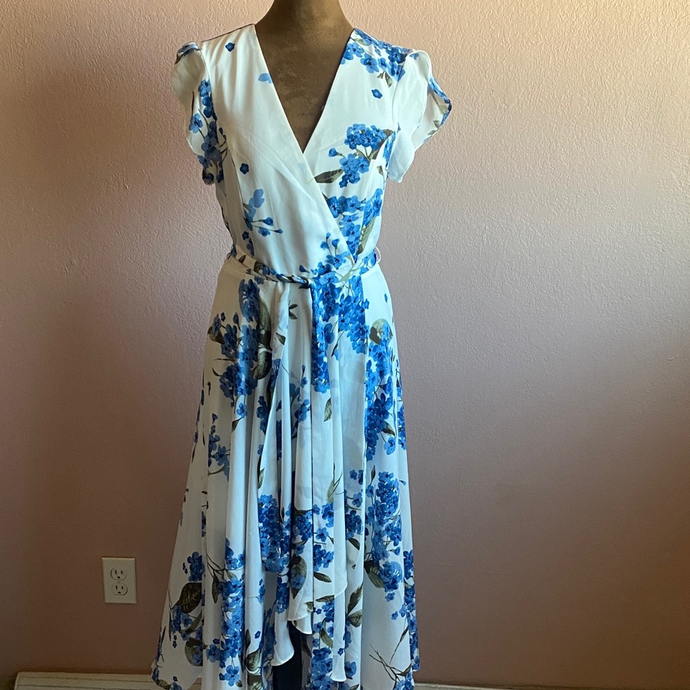 LULU’S  Blue and White Floral High Low Dress